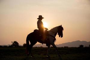 cow-boy à cheval contre un beau coucher de soleil, cow-boy et cheval à la première lumière, montagne, rivière et style de vie avec fond de lumière naturelle photo