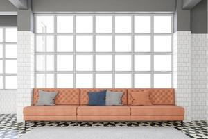 salon avec canapé en cuir orange de luxe, fenêtres blanches et verre clair, moquette blanche et sol en marbre. rendu 3d photo