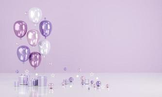 rendu 3d ballons à thème violet avec espace de copie papier vierge pour le texte et les cadeaux sur fond concept de carte de mariage invitation anniversaire saint valentin ou à des fins commerciales. rendu 3D. Illustration 3D. photo