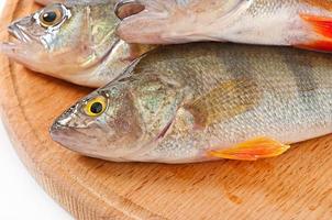 Poisson cru sur une planche à découper isolé sur fond blanc photo