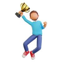 mignon garçon saut heureux tenant un trophée photo