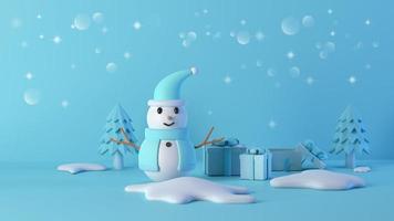 bonhomme de neige bleu avec boîte de cadeaux en hiver illustration 3d photo