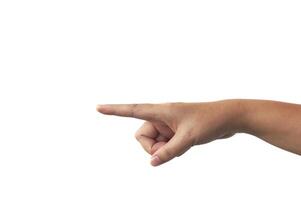 main de femme pointant vers une direction avec un fond blanc. direction photo