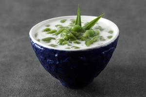 le cendol est un dessert sucré glacé, contient une goutte de gelée de farine de riz vert, du lait de coco et du sirop de sucre de palme. photo