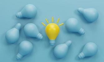 rendu 3d illustration 3d. ampoule jaune entre les autres ampoules sur fond bleu clair. concepts de leadership, d'innovation, d'idée créative différente et d'individualité. photo