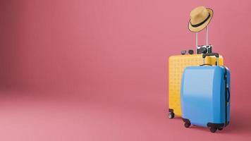 valise jaune et bleue avec chapeau de soleil et lunettes, appareil photo sur fond pastel., concept de voyage., illustration 3d.