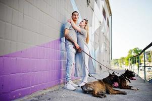 couple amoureux de deux chiens pit bull terrier en promenade. photo