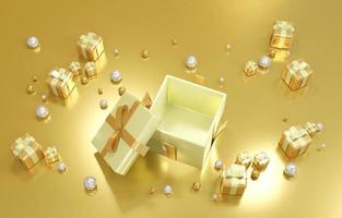 Le concept de rendu 3d de la boîte cadeau en or s'ouvre pour montrer des éléments géométriques de luxe et un espace vide à l'intérieur pour la conception commerciale. rendu 3D.