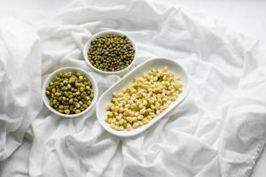 Pousses de haricots verts frais pour bébés biologiques dans un bol en céramique blanche sur fond de béton foncé photo