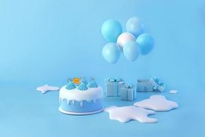 anniversaire de gâteau bleu, noël et anniversaire avec boîte-cadeau, ballons et illustration 3d de neige blanche pour la saison d'hiver photo