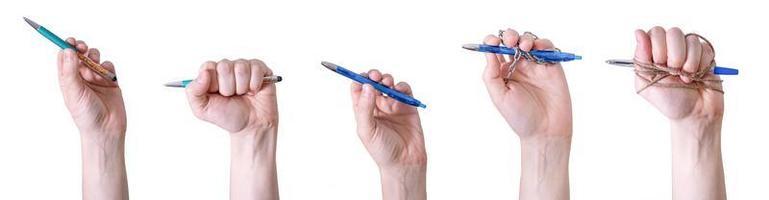 un collage de mains tenant des stylos sur un fond blanc. photo