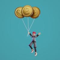 hommes tenant des ballons crypto s'élevant dans le ciel 3d, rendu, illustration photo