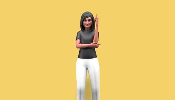 Personnage de dessin animé d'illustration 3d, belle fille pointant vers le haut, heureuse et souriante, debout devant un fond jaune photo