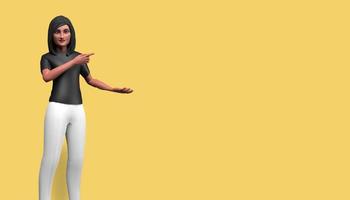 Personnage de dessin animé d'illustration 3d, belle fille pointant vers la droite, heureuse et souriante, debout devant un fond jaune