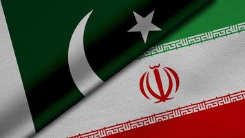 rendu 3d de deux drapeaux de la république du pakistan et de la république islamique d'iran avec texture de tissu, relations bilatérales, paix et conflit entre pays, idéal pour le fond photo