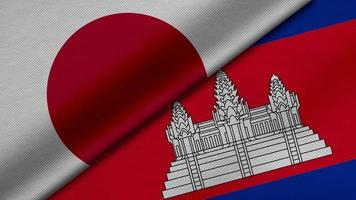 rendu 3d de deux drapeaux du japon et du royaume du cambodge avec texture de tissu, relations bilatérales, paix et conflit entre pays, idéal pour le fond photo