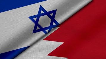 rendu 3d de deux drapeaux de l'état d'israël et du royaume de bahreïn avec texture de tissu, relations bilatérales, paix et conflit entre pays, idéal pour le fond photo