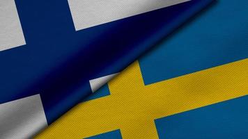 rendu 3d de deux drapeaux de la république de finlande et du royaume de suède avec texture de tissu, relations bilatérales, paix et conflit entre pays, idéal pour le fond photo