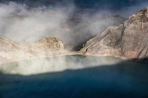 lac turquoise dans un volcan de cratère actif avec de la fumée photo