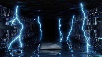 intérieur de science-fiction avec podium abstrait. conception technologique moderne. néons lumineux éclairs d'électricité, éclairs. rendu 3d photo