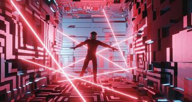 un homme en costume de motocycliste, un astronaute dans un intérieur de science-fiction passe par la protection laser. notion de cybercriminalité. rendu 3d