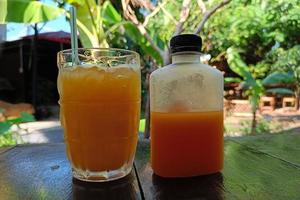 jus d'orange frais dans le bocal en verre et la bouteille, jus de fruits pour se rafraîchir, arrière-plan flou de bananier photo