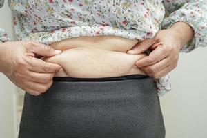 une femme asiatique en surpoids utilise la main pour presser le gros ventre surpoids et obésité de grande taille. photo