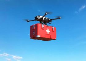 drone avec trousse de premiers soins sur ciel bleu, concept de soins médicaux d'urgence photo