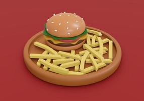 concept de rendu 3d de la nourriture, petit-déjeuner américain. ensemble de burger de repas avec frites sur fond rouge. rendu 3D. Illustration 3D. modèle de conception minimal. photo