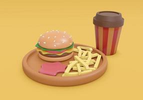 concept de rendu 3d de la nourriture, petit-déjeuner américain. ensemble de burger de repas avec frites ketchup et soda sur fond jaune. rendu 3D. Illustration 3D. modèle de conception minimal. photo