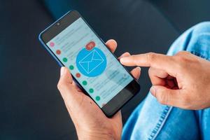 concept d'e-mail, main de femme en gros plan à l'aide d'un smartphone mobile avec icône d'e-mail. photo