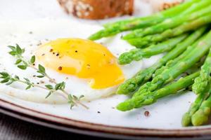asperges vertes, œuf au plat et pain au beurre.