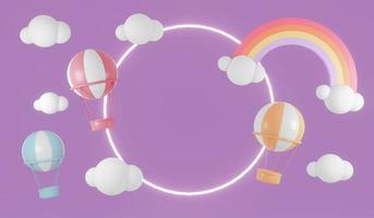 Anneaux de cercle d'affichage de produit de rendu 3d avec des ballons à air chaud et des étoiles de nuages arc-en-ciel sur fond pour la conception commerciale. thème violet minimal. illustration de rendu 3d. photo