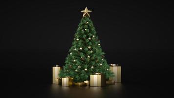 incroyable arbre de luxe de noël avec des coffrets cadeaux dorés. rendu 3D. clignotant d'arbre de noël. joyeux Noel et bonne année. cadeaux de noël sous le sapin de noël. le noir. épicéa de pin décoratif. photo