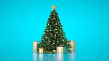 incroyable arbre de luxe de noël avec des coffrets cadeaux dorés. rendu 3D. clignotant d'arbre de noël. joyeux Noel et bonne année. cadeaux de noël sous le sapin de noël. bleu. épicéa de pin décoratif. photo