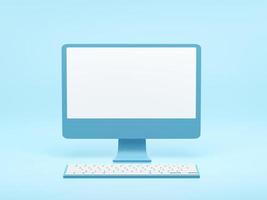 rendu 3d, illustration 3d. pc de bureau avec clavier sur fond bleu. écran d'ordinateur. idées créatives concept de design minimal.