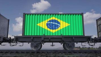 conteneurs avec le drapeau du Brésil. transport ferroviaire. rendu 3d photo