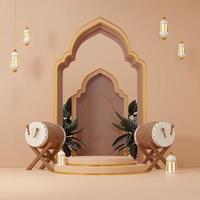 Image de rendu 3d du thème du ramadan et de l'eid fitr adha mubarak avec des objets de décoration islamiques photo