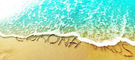 virus corona écrit dans le sable en vacances photo