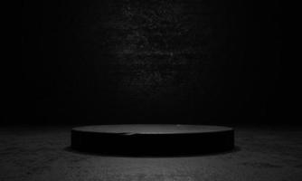 podium de scène en ciment noir et béton avec projecteur et fond de mur grunge foncé. abstrait et objet pour le concept publicitaire. rendu 3d photo
