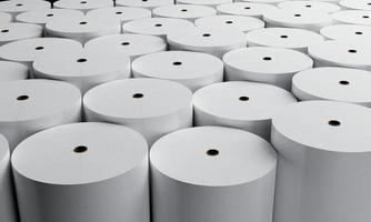 groupe de rouleaux de papier blanc dans une usine industrielle pour le fond de stockage. concept de production et de fabrication. rendu 3d photo
