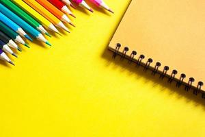 palette arc-en-ciel de crayons de couleur avec un cahier à spirale sur fond jaune, maquette, mise à plat. rentrée scolaire, recrutement étudiant, artiste, cours de dessin. espace de copie. papeterie pour la créativité photo