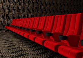 rangées de sièges en velours rouge regardant des films au cinéma avec fond de bannière d'espace de copie. concept de divertissement et de théâtre. rendu 3d