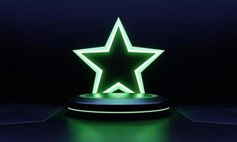 les produits modernes présentent un podium de science-fiction avec un fond en forme d'étoile au néon vert brillant. technologie et concept d'objet. rendu 3d photo