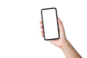 main tenant un téléphone portable isoler sur fond blanc photo