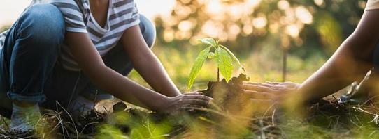 mère avec enfants aidant à planter des arbres dans la nature pour sauver la terre. concept écologique de l'environnement photo