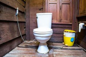 mur et sol en bois de style vintage dans un petit intérieur de toilette photo