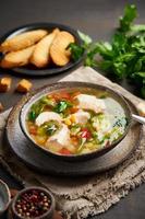 soupe de poulet maison aux légumes, brocoli sur fond brun foncé, photo