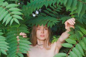 portrait de la belle jeune femme aux feuilles vertes, jolie dame blonde dans les buissons de printemps photo