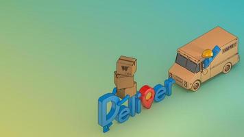 police de livraison de dessin animé de personnage avec camionnette et de nombreuses boîtes à colis., service de transport de commande d'application mobile en ligne, rendu 3d. photo